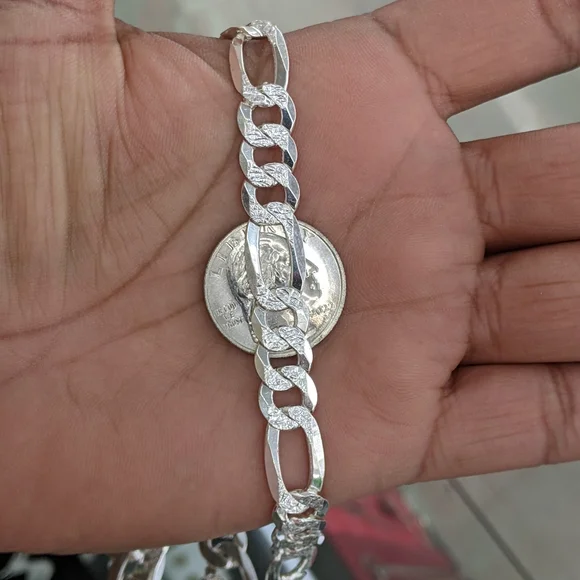925 Sterling Silver Figaro Diamond Cut Chain 10mm 22 inch